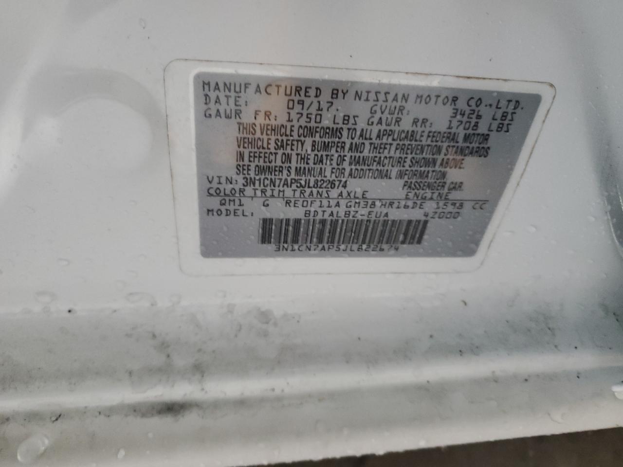 2018 Nissan Versa VIN 3N1CN7AP5JL822674 Copart auction photo, front end / side damage thumbnail 12