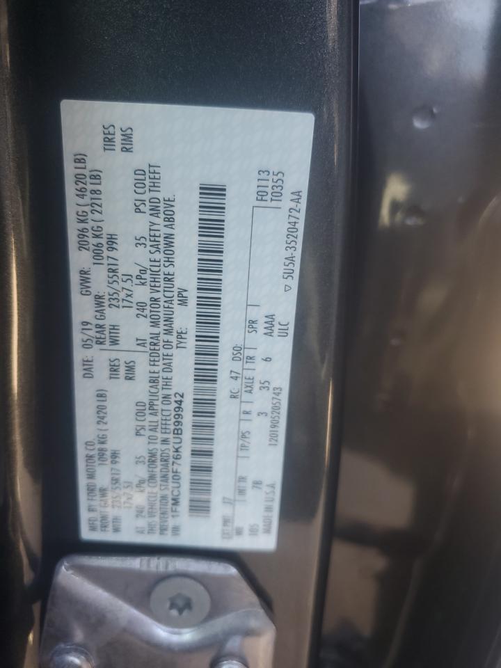 2019 Ford Escape VIN 1FMCU0F76KUB99942 Copart auction photo, front end damage thumbnail 15