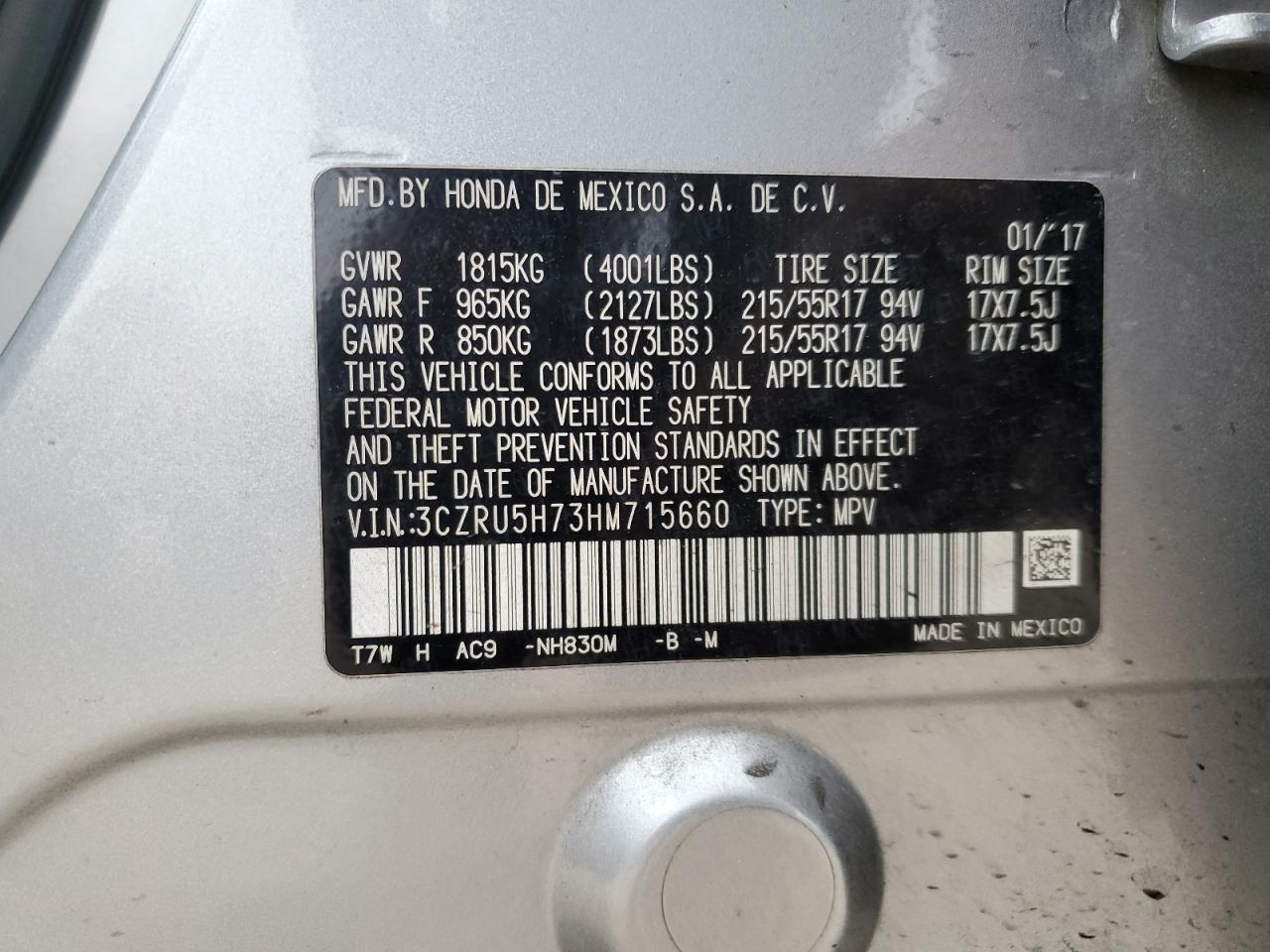 2017 Honda HR-V VIN 3CZRU5H73HM715660 Copart auction photo, all over damage thumbnail 14