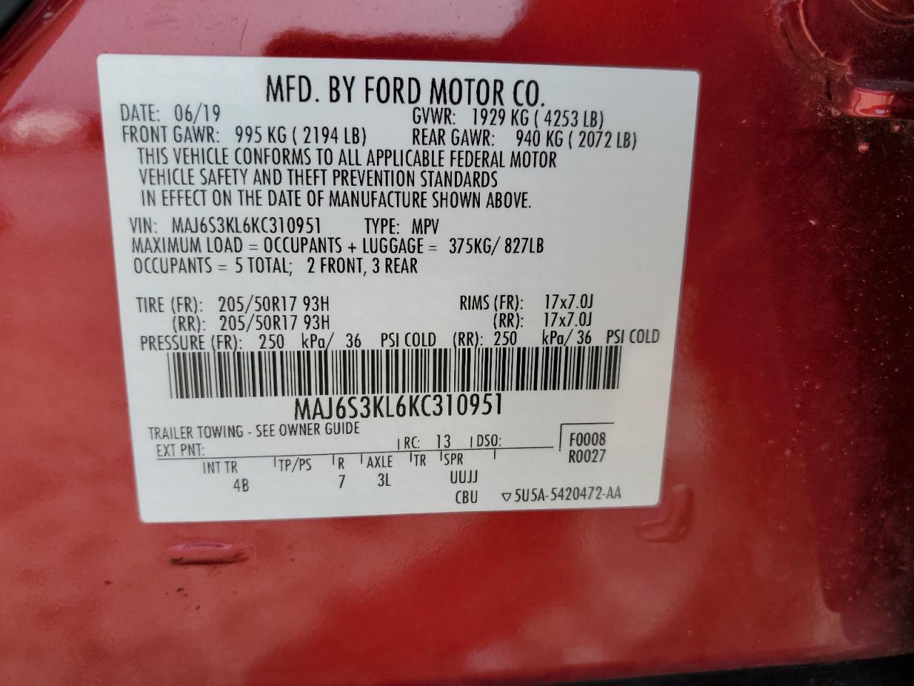 2019 Ford EcoSport VIN MAJ6S3KL6KC310951 Copart auction photo, water/flood / minor dent/scratches damage thumbnail 14