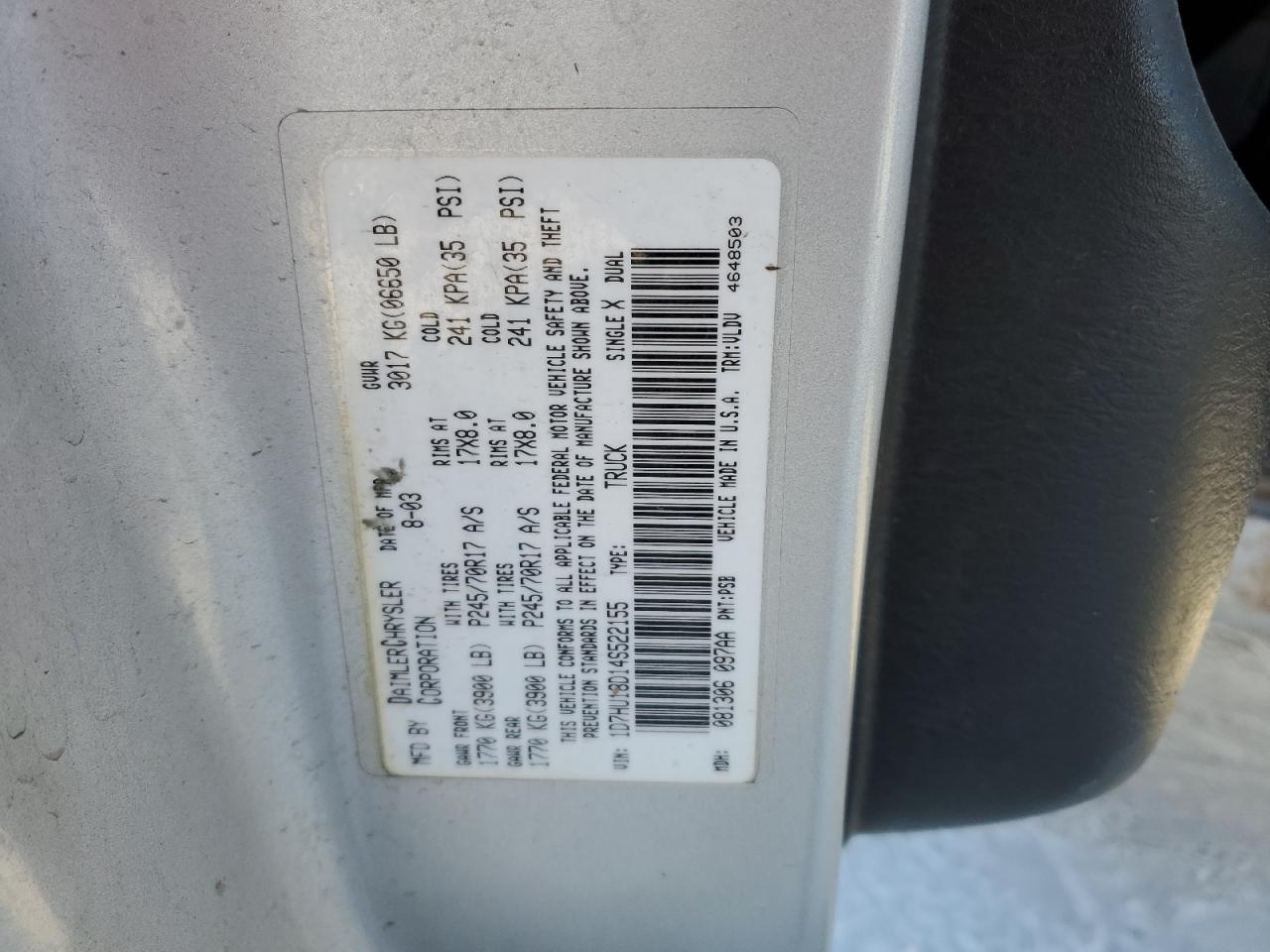 2004 Dodge RAM VIN 1D7HU18D14S522155 Copart auction photo, front end / side damage thumbnail 12