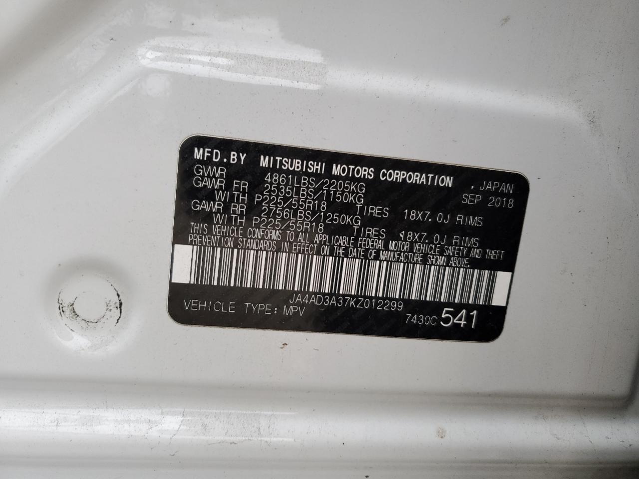 2019 Mitsubishi Outlander VIN JA4AD3A37KZ012299 Copart auction photo, front end damage thumbnail 13