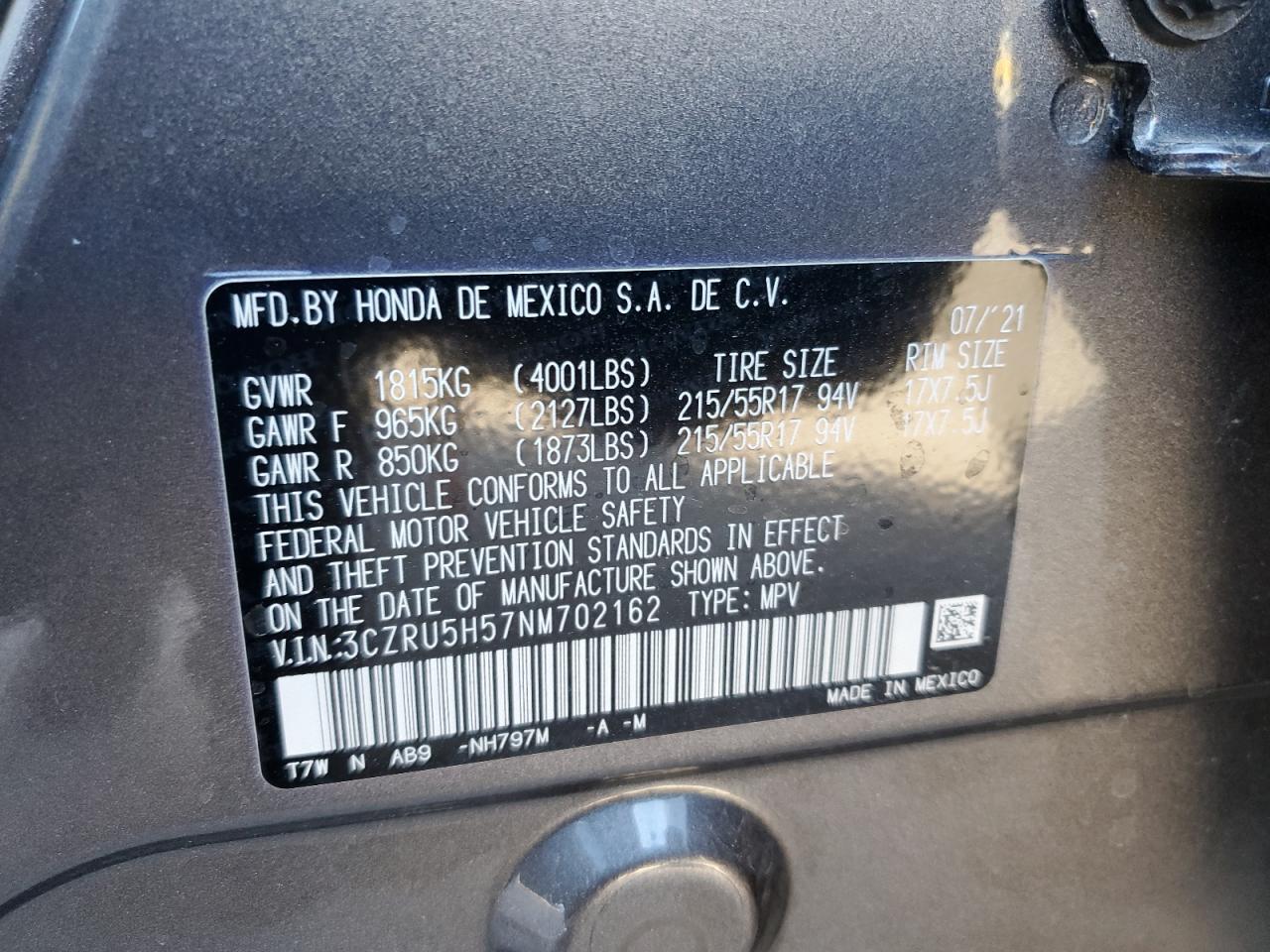 2022 Honda HR-V VIN 3CZRU5H57NM702162 Copart auction photo, rear end / front end damage thumbnail 16