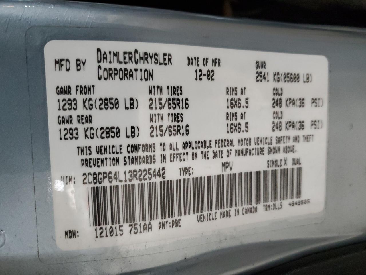 2003 Chrysler Town & Country VIN 2C8GP64L13R225442 Copart auction photo, front end damage thumbnail 13