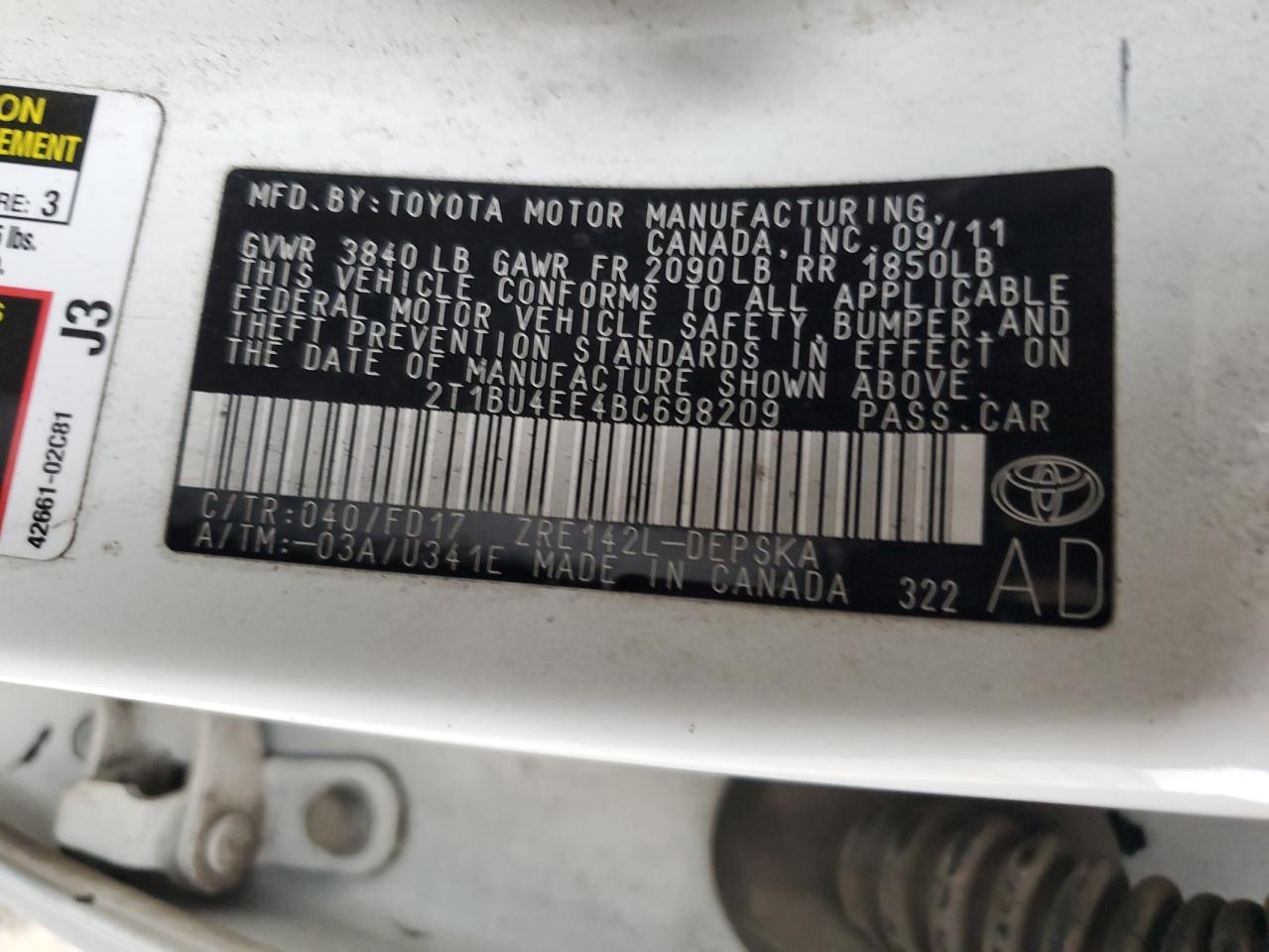 2011 Toyota Corolla VIN 2T1BU4EE4BC698209 Copart auction photo, burn - interior damage thumbnail 12