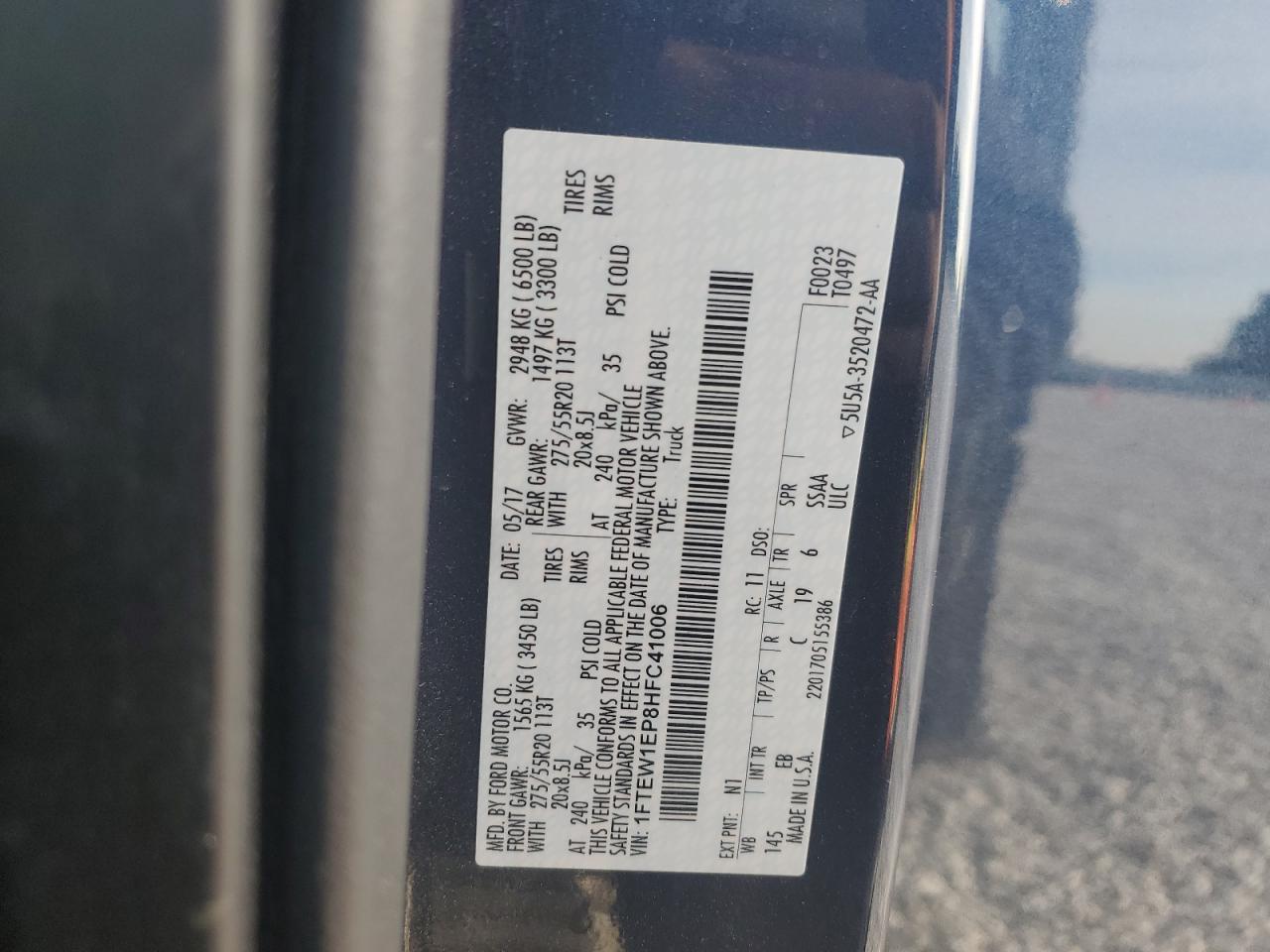 2017 Ford F-150 VIN 1FTEW1EP8HFC41006 Copart auction photo, rear end / front end damage thumbnail 15
