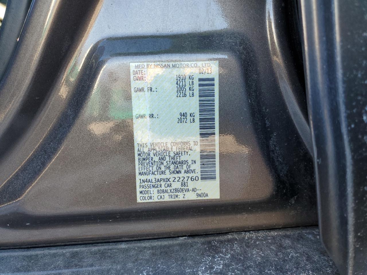 2013 Nissan Altima VIN 1N4AL3APXDC222760 Copart auction photo, front end / minor dent/scratches damage thumbnail 14