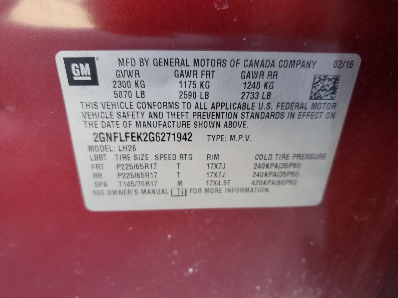 2016 Chevrolet Equinox VIN 2GNFLFEK2G6271942 Copart auction photo, rear end damage thumbnail 13