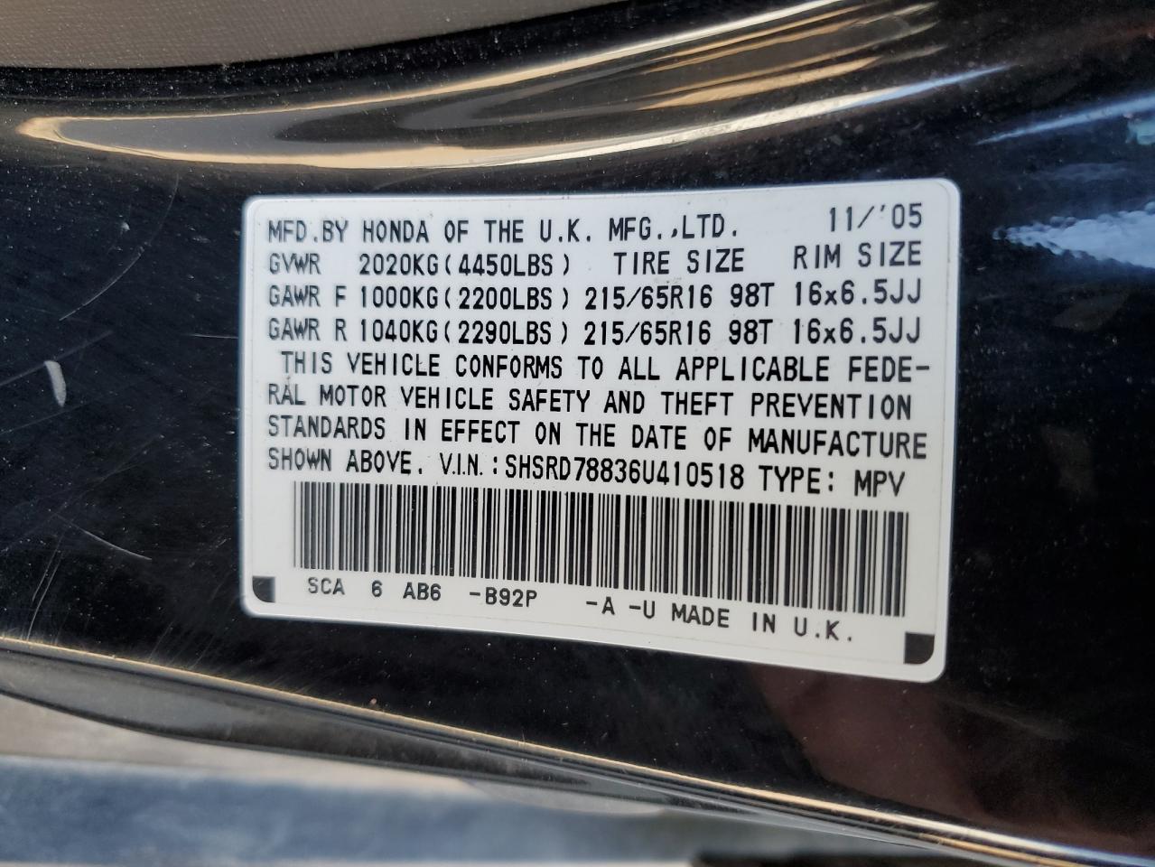 2006 Honda CR-V VIN SHSRD78836U410518 Copart auction photo, rear end damage thumbnail 13