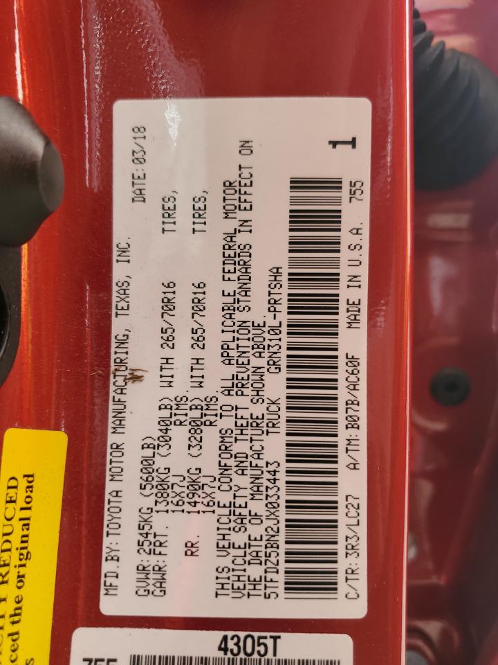 2018 Toyota Tacoma VIN 5TFDZ5BN2JX033443 Copart auction photo, water/flood damage thumbnail 13