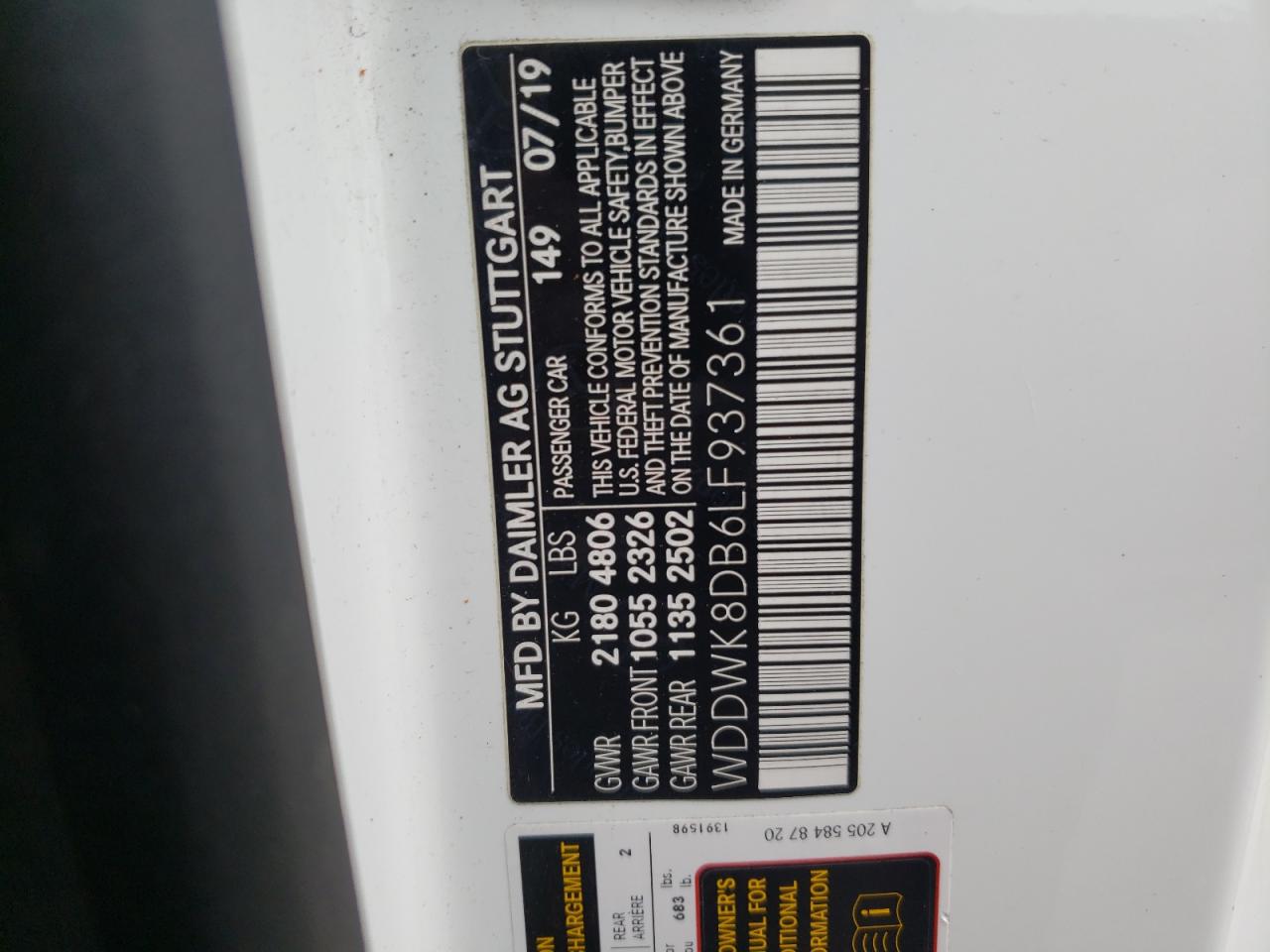 2020 Mercedes-Benz C-klasse VIN WDDWK8DB6LF937361 Copart auction photo, front end / side damage thumbnail 14