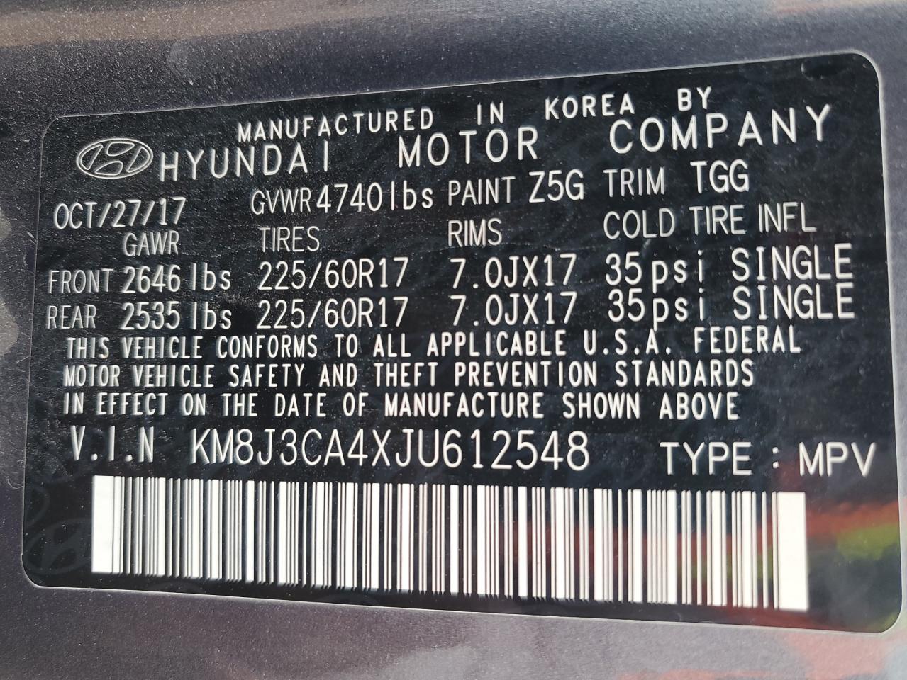 2018 Hyundai Tucson VIN KM8J3CA4XJU612548 Copart auction photo, front end damage thumbnail 13