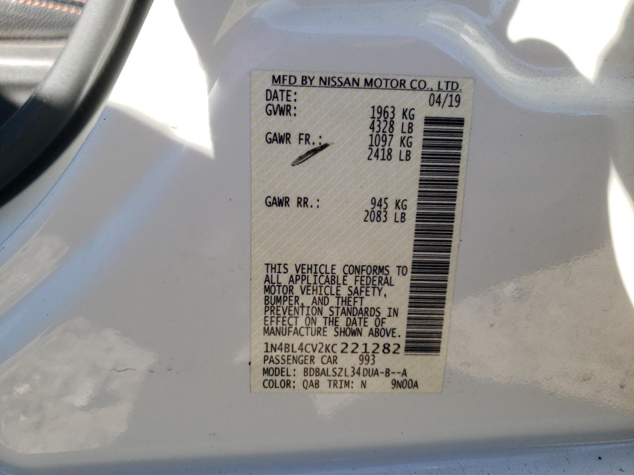2019 Nissan Altima VIN 1N4BL4CV2KC221282 Copart auction photo, rear end / side damage thumbnail 12