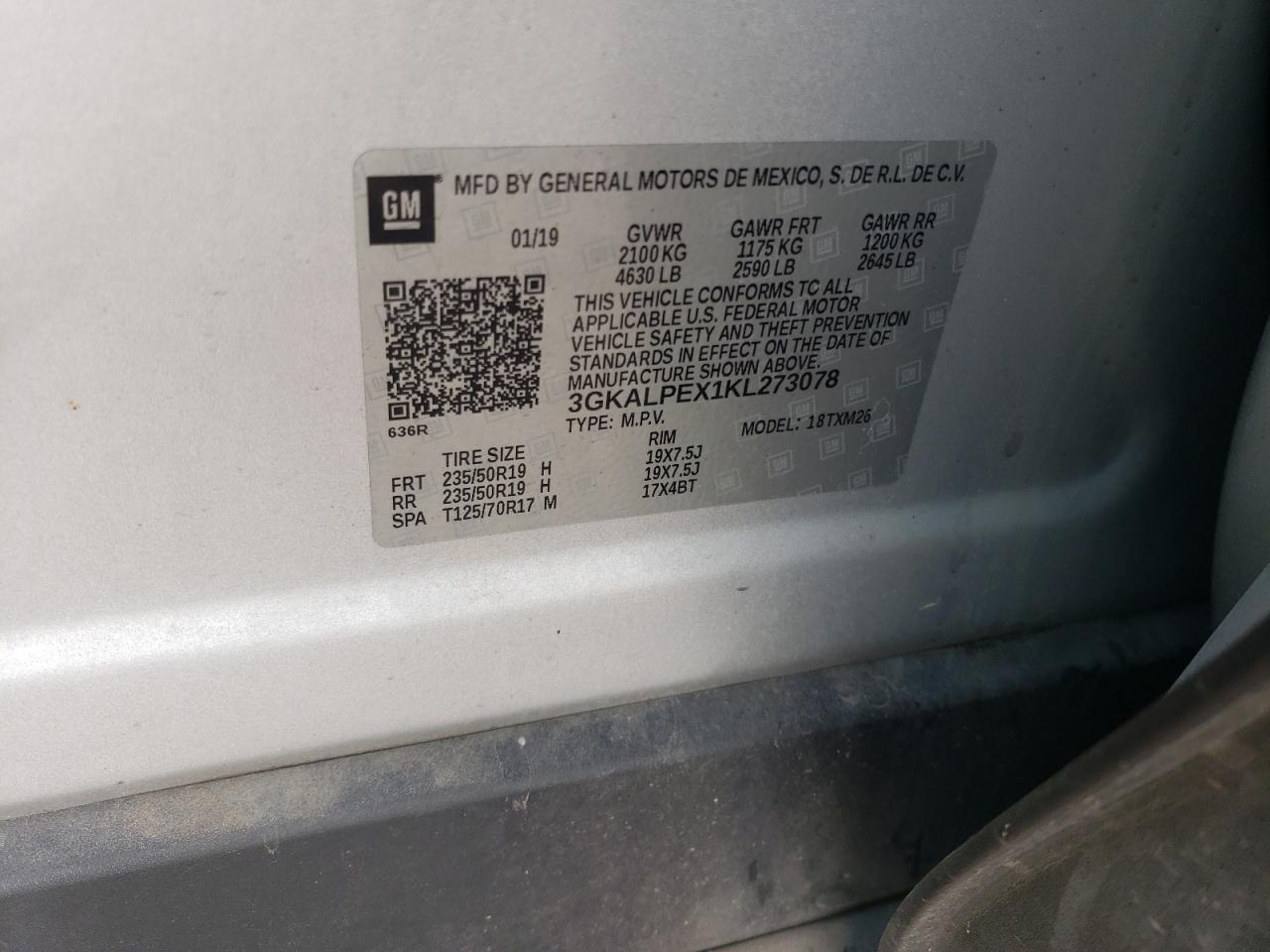 2019 GMC Terrain VIN 3GKALPEX1KL273078 Copart auction photo, front end / side damage thumbnail 14