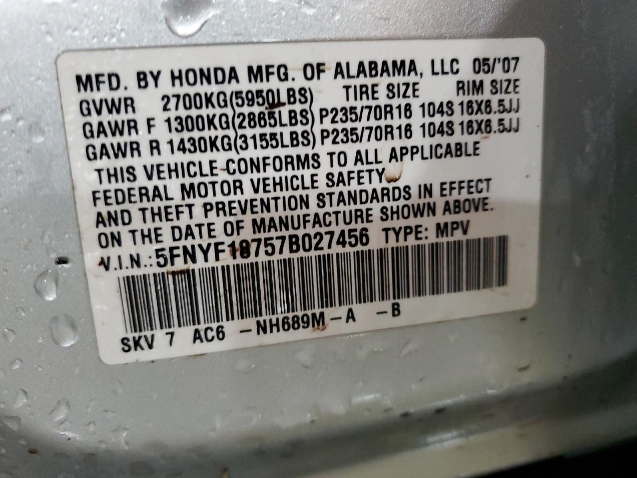 2007 Honda Pilot VIN 5FNYF18757B027456 Copart auction photo, rear end / front end damage thumbnail 14