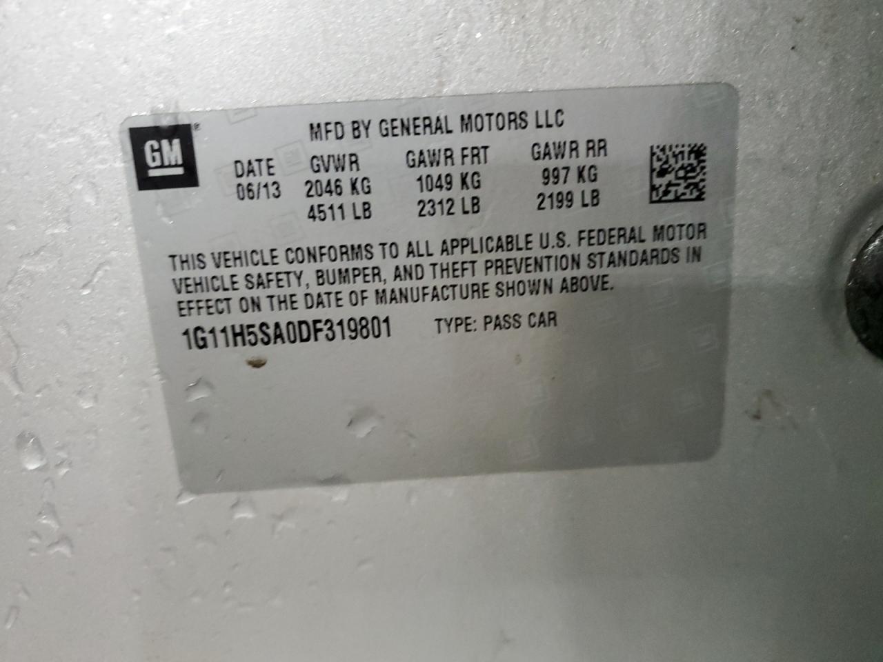 2013 Chevrolet Malibu VIN 1G11H5SA0DF319801 Copart auction photo, front end damage thumbnail 13