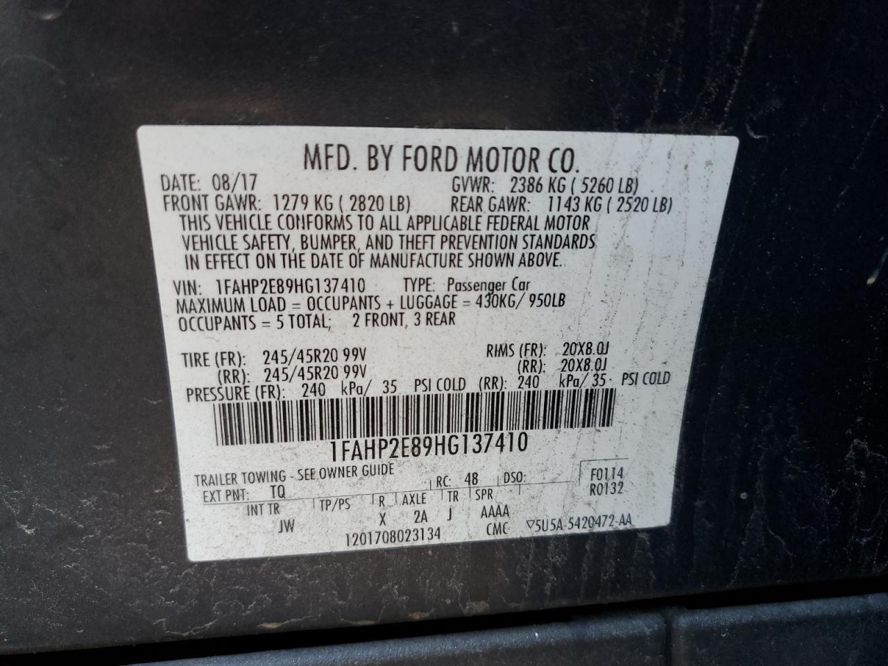 2017 Ford Taurus VIN 1FAHP2E89HG137410 Copart auction photo, front end / minor dent/scratches damage thumbnail 12