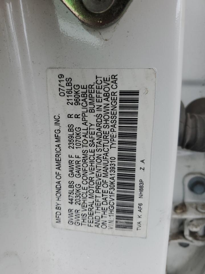 2019 Honda Accord VIN 1HGCV1F30KA139310 Copart auction photo, water/flood damage thumbnail 13