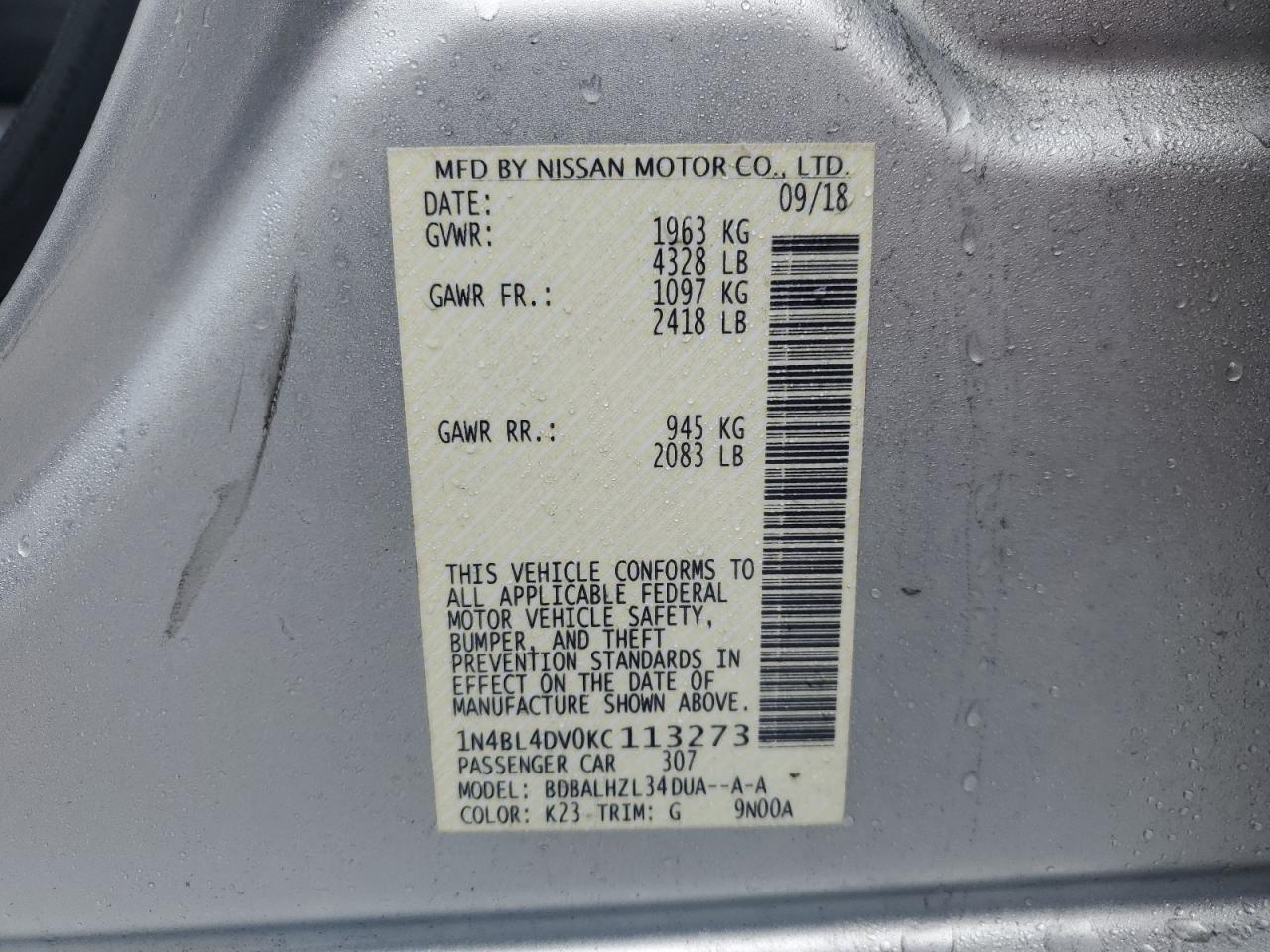 2019 Nissan Altima VIN 1N4BL4DV0KC113273 Copart auction photo, front end damage thumbnail 15