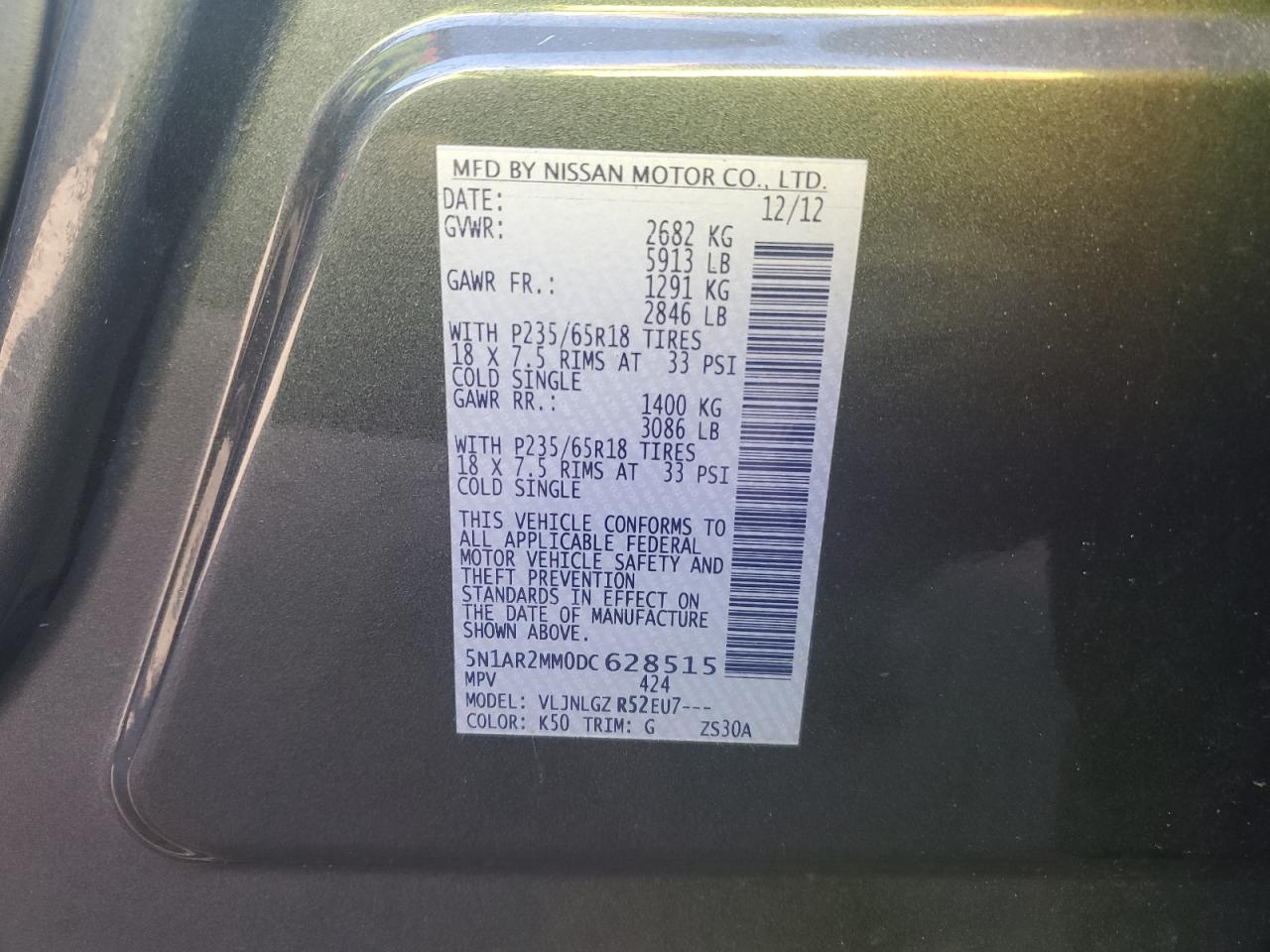 2013 Nissan Pathfinder VIN 5N1AR2MM0DC628515 Copart auction photo, undercarriage / minor dent/scratches damage thumbnail 13
