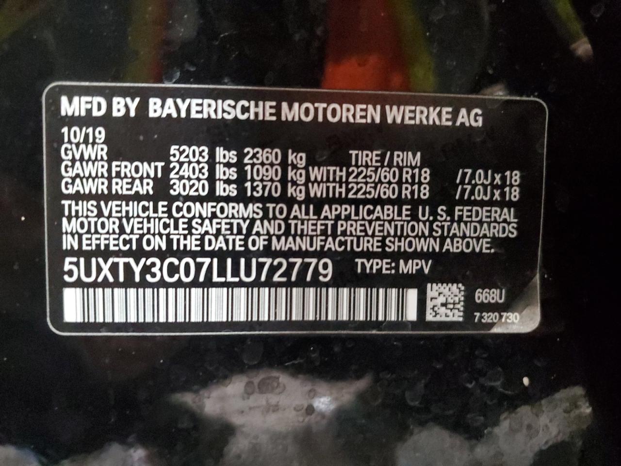 2020 BMW X3 VIN 5UXTY3C07LLU72779 Copart auction photo, all over damage thumbnail 12