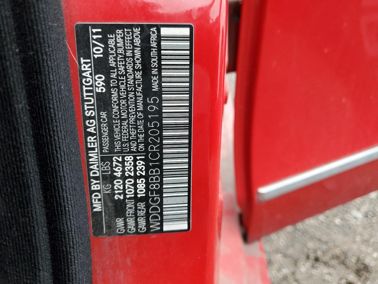 2012 Mercedes-Benz C-klasse VIN WDDGF8BB1CR205195 Copart auction photo, front end damage thumbnail 12