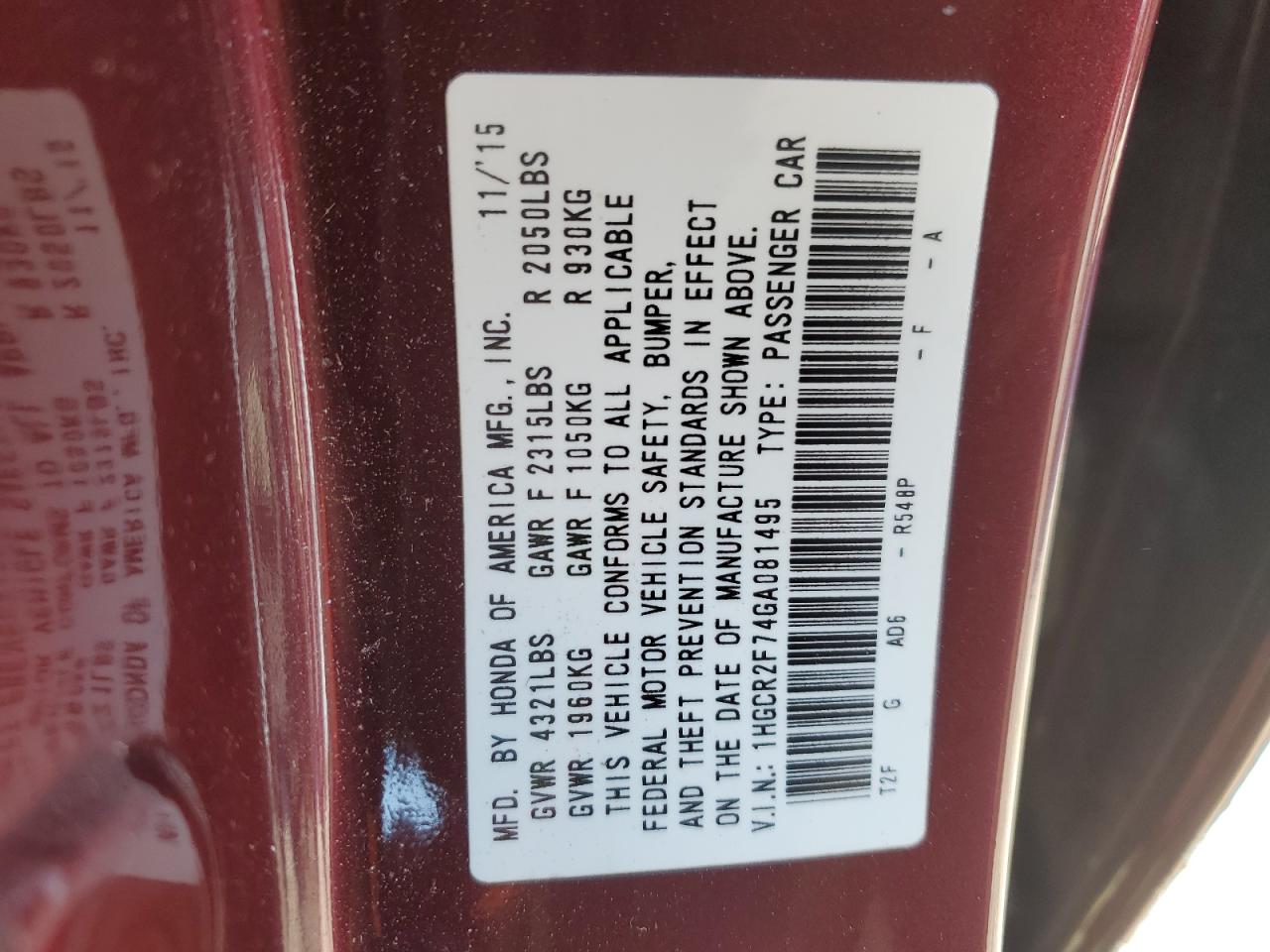 2016 Honda Accord VIN 1HGCR2F74GA081495 Copart auction photo, front end damage thumbnail 13