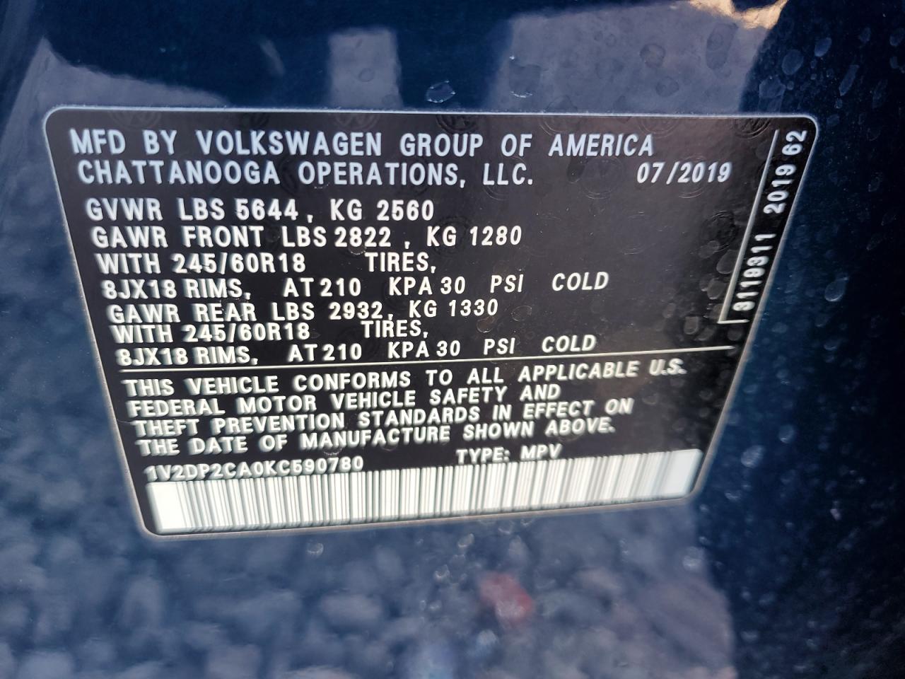 2019 Volkswagen Atlas VIN 1V2DP2CA0KC590780 Copart auction photo, front end / side damage thumbnail 15