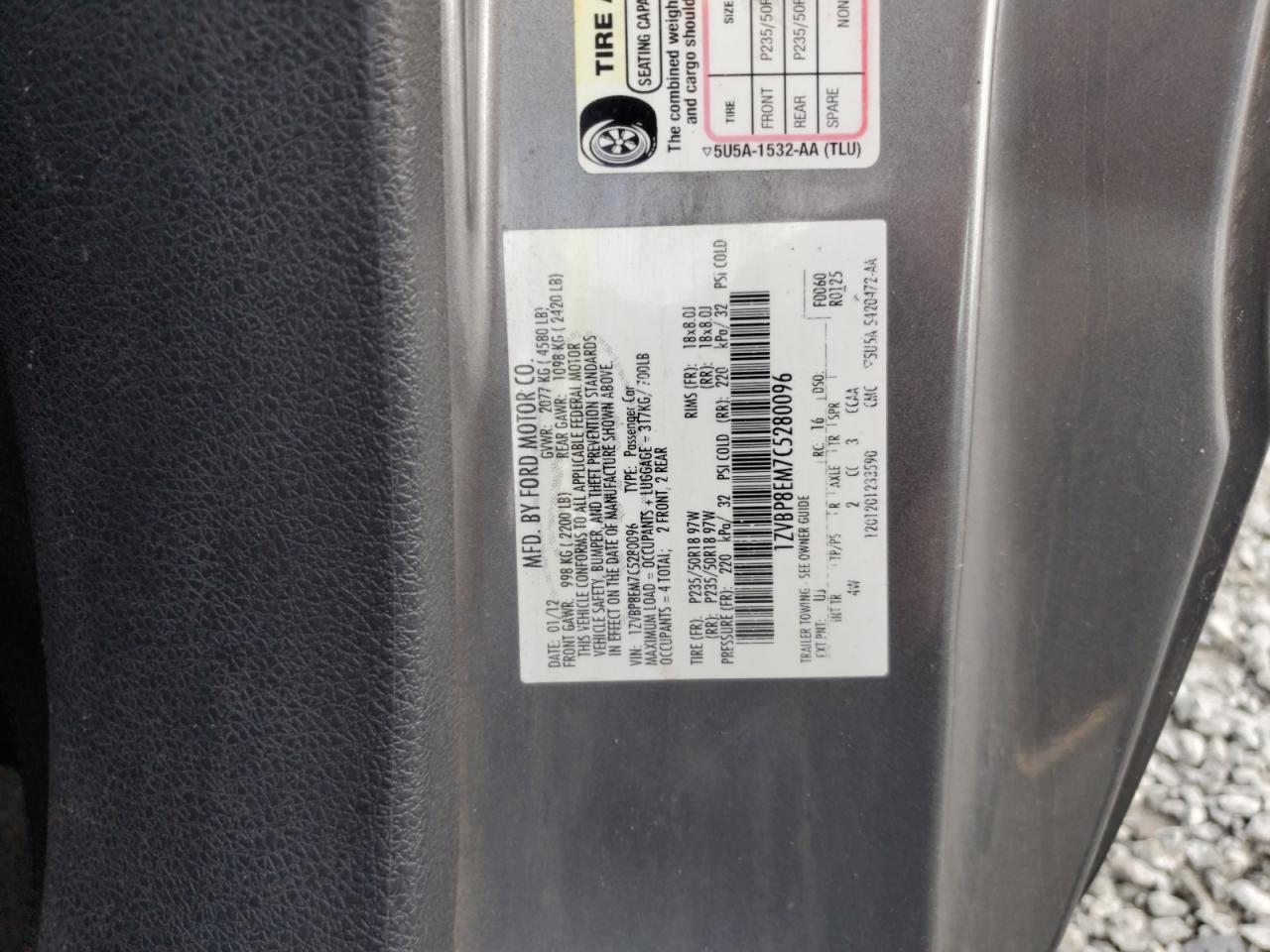 2012 Ford Mustang VIN 1ZVBP8EM7C5280096 Copart auction photo, front end damage thumbnail 13