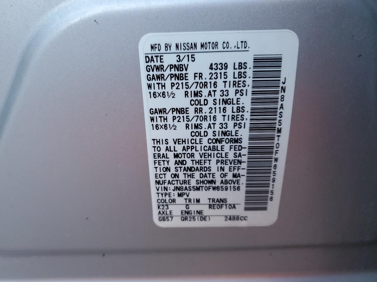 2015 Nissan Rogue VIN JN8AS5MT0FW659156 Copart auction photo, side / front end damage thumbnail 14