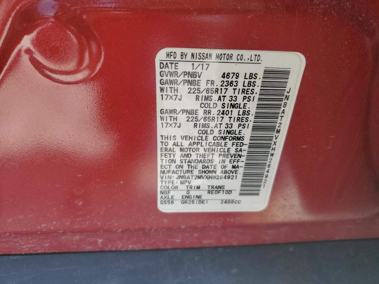 2017 Nissan Rogue VIN JN8AT2MVXHW264921 Copart auction photo, front end damage thumbnail 13