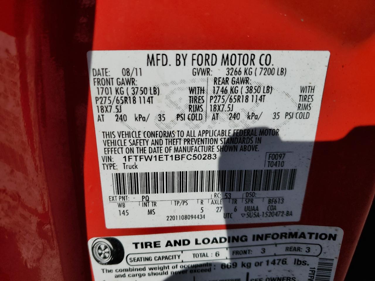 2011 Ford F-150 VIN 1FTFW1ET1BFC50283 Copart auction photo, front end damage thumbnail 14