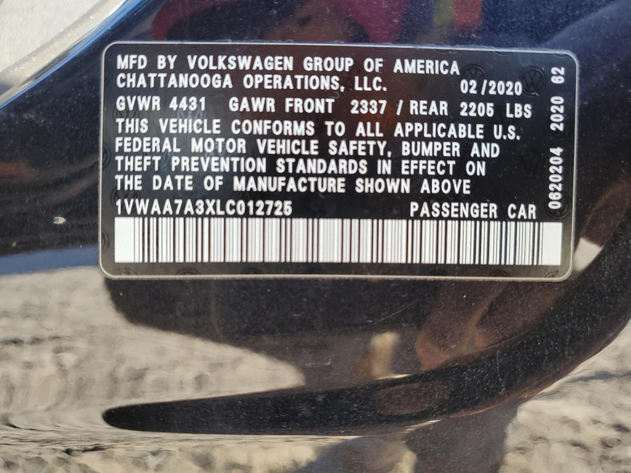 2020 Volkswagen Passat VIN 1VWAA7A3XLC012725 Copart auction photo, front end damage thumbnail 14