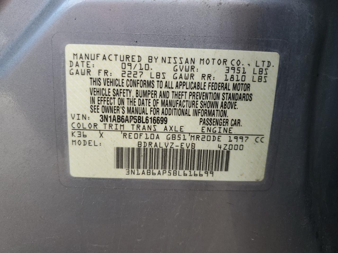 2011 Nissan Sentra VIN 3N1AB6AP5BL616699 Copart auction photo, front end damage thumbnail 12