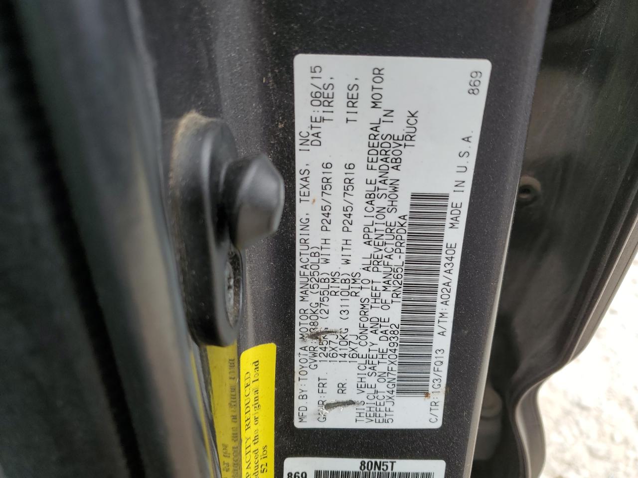 2015 Toyota Tacoma VIN 5TFJX4GN7FX049382 Copart auction photo, rear end damage thumbnail 12