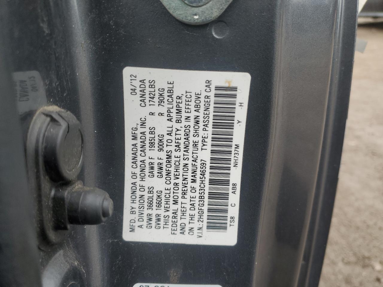 2012 Honda Civic VIN 2HGFG3B53CH546597 Copart auction photo, all over damage thumbnail 14