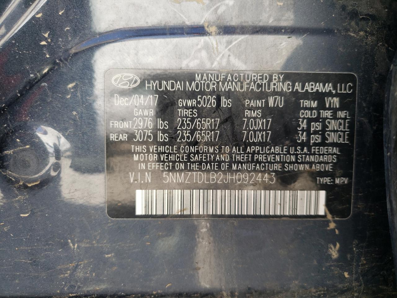 2018 Hyundai Santa Fe VIN 5NMZTDLB2JH092443 Copart auction photo, all over / rollover damage thumbnail 14