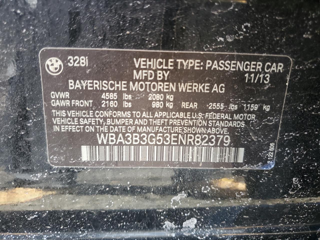2014 BMW 3er VIN WBA3B3G53ENR82379 Copart auction photo, front end damage thumbnail 15