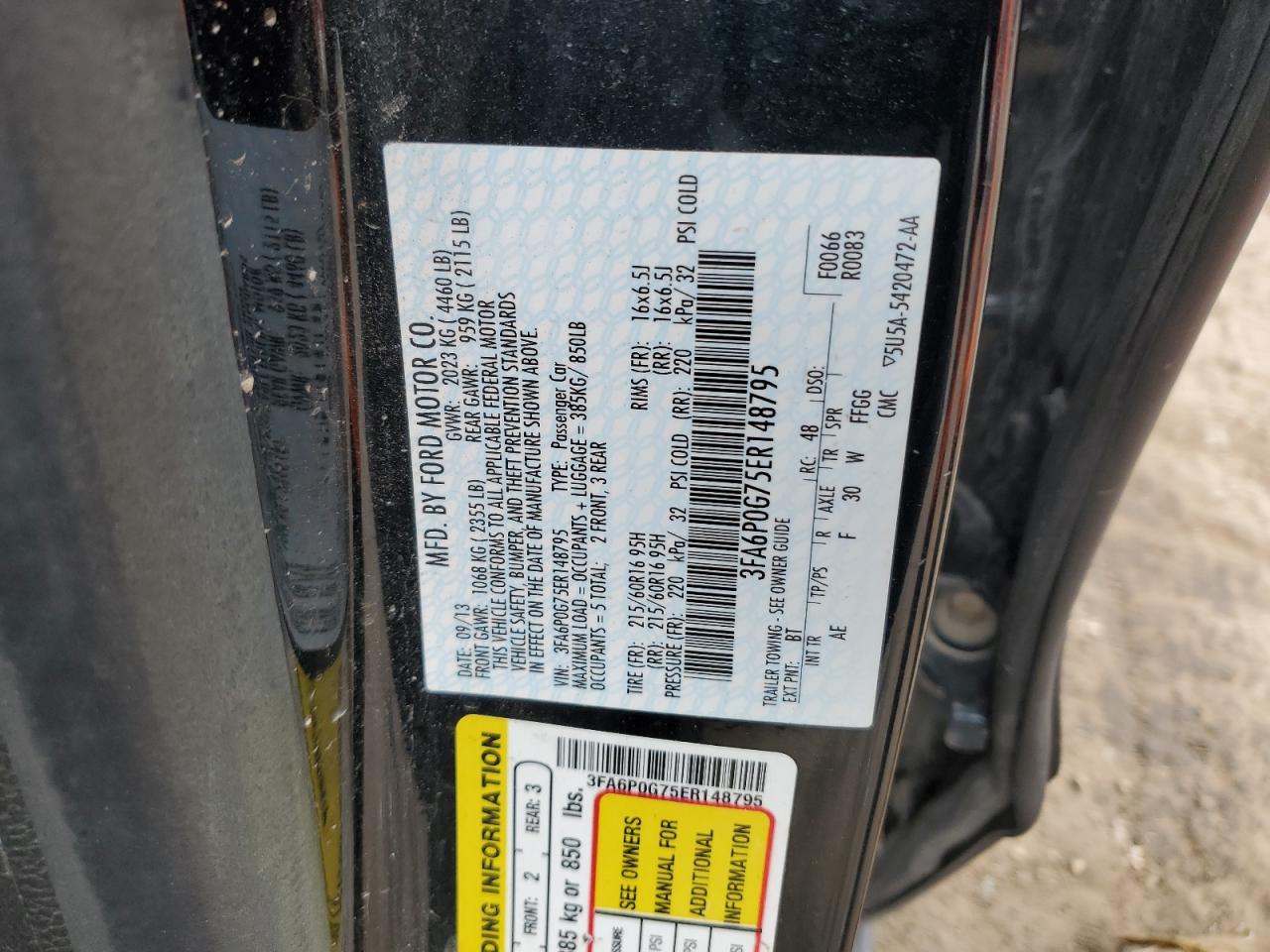 2014 Ford Fusion VIN 3FA6P0G75ER148795 Copart auction photo, front end / rear end damage thumbnail 12