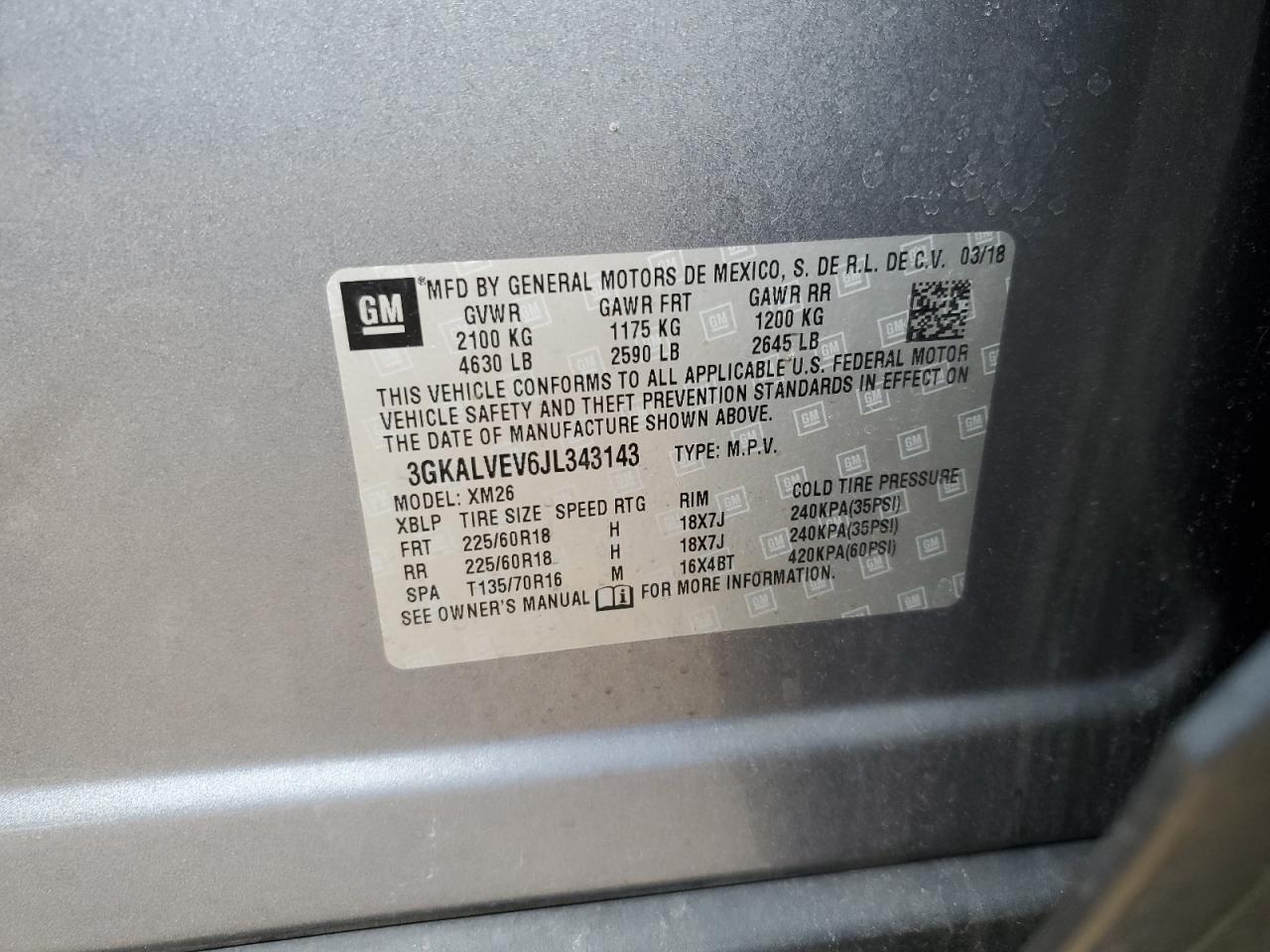 2018 GMC Terrain VIN 3GKALVEV6JL343143 Copart auction photo, front end damage thumbnail 13