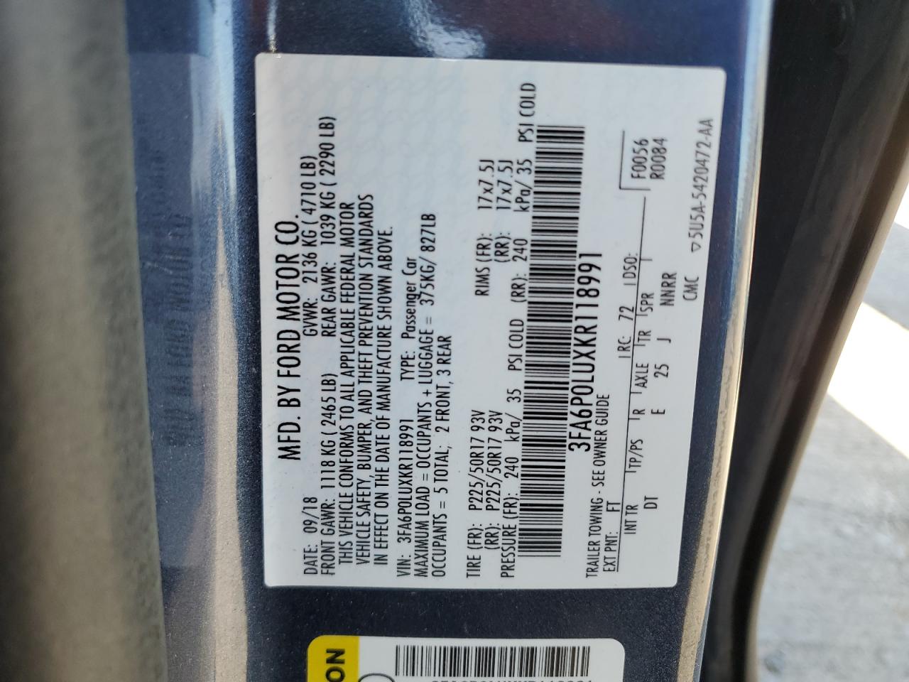 2019 Ford Fusion VIN 3FA6P0LUXKR118991 Copart auction photo, all over damage thumbnail 14