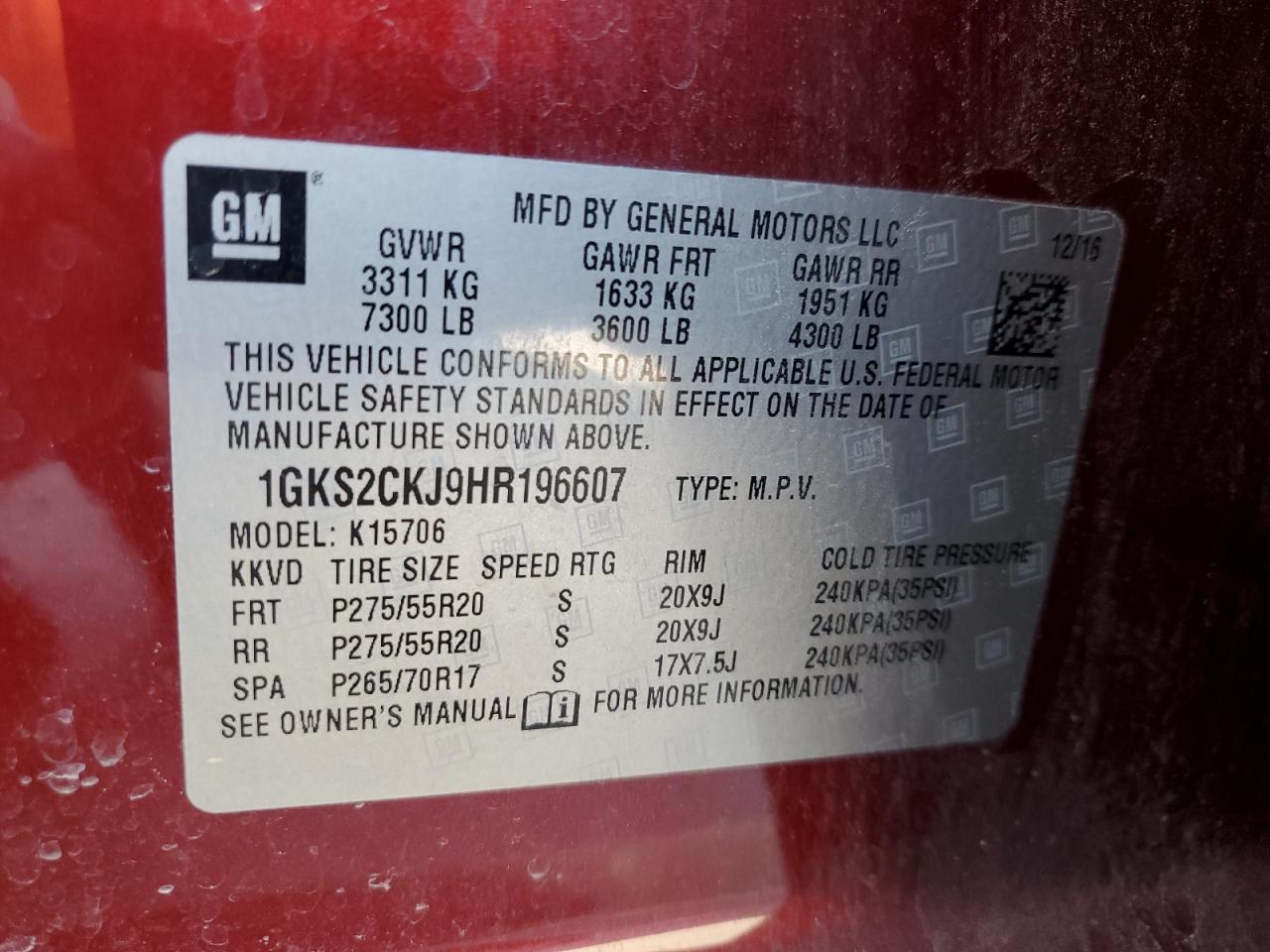 2017 GMC Yukon VIN 1GKS2CKJ9HR196607 Copart auction photo, front end / minor dent/scratches damage thumbnail 13