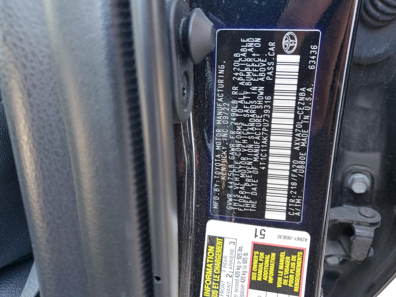 2023 Toyota Camry VIN 4T1C11AK7PU739316 Copart auction photo, front end / rear end damage thumbnail 12