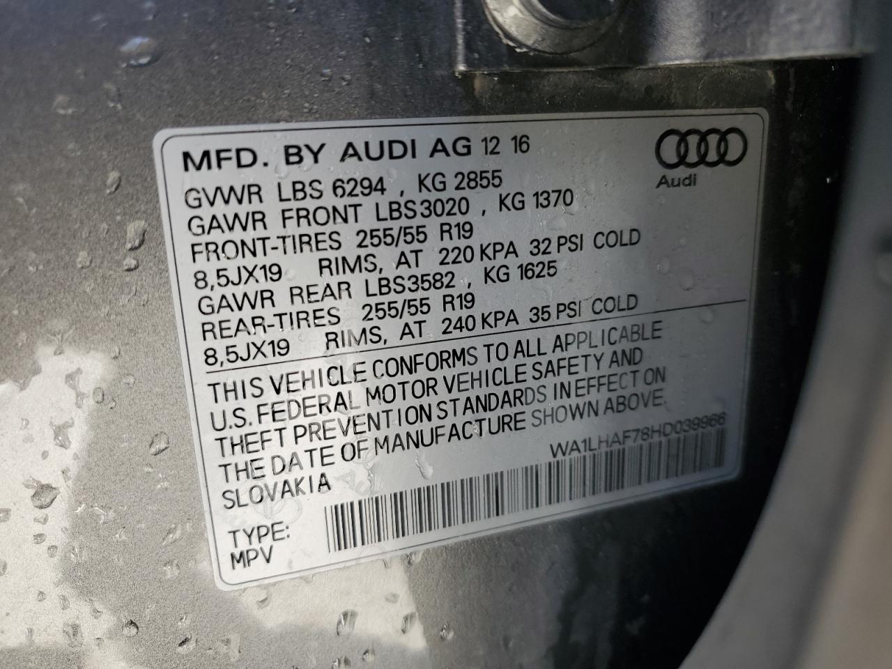 2017 Audi Q7 VIN WA1LHAF78HD039966 Copart auction photo, front end / side damage thumbnail 13