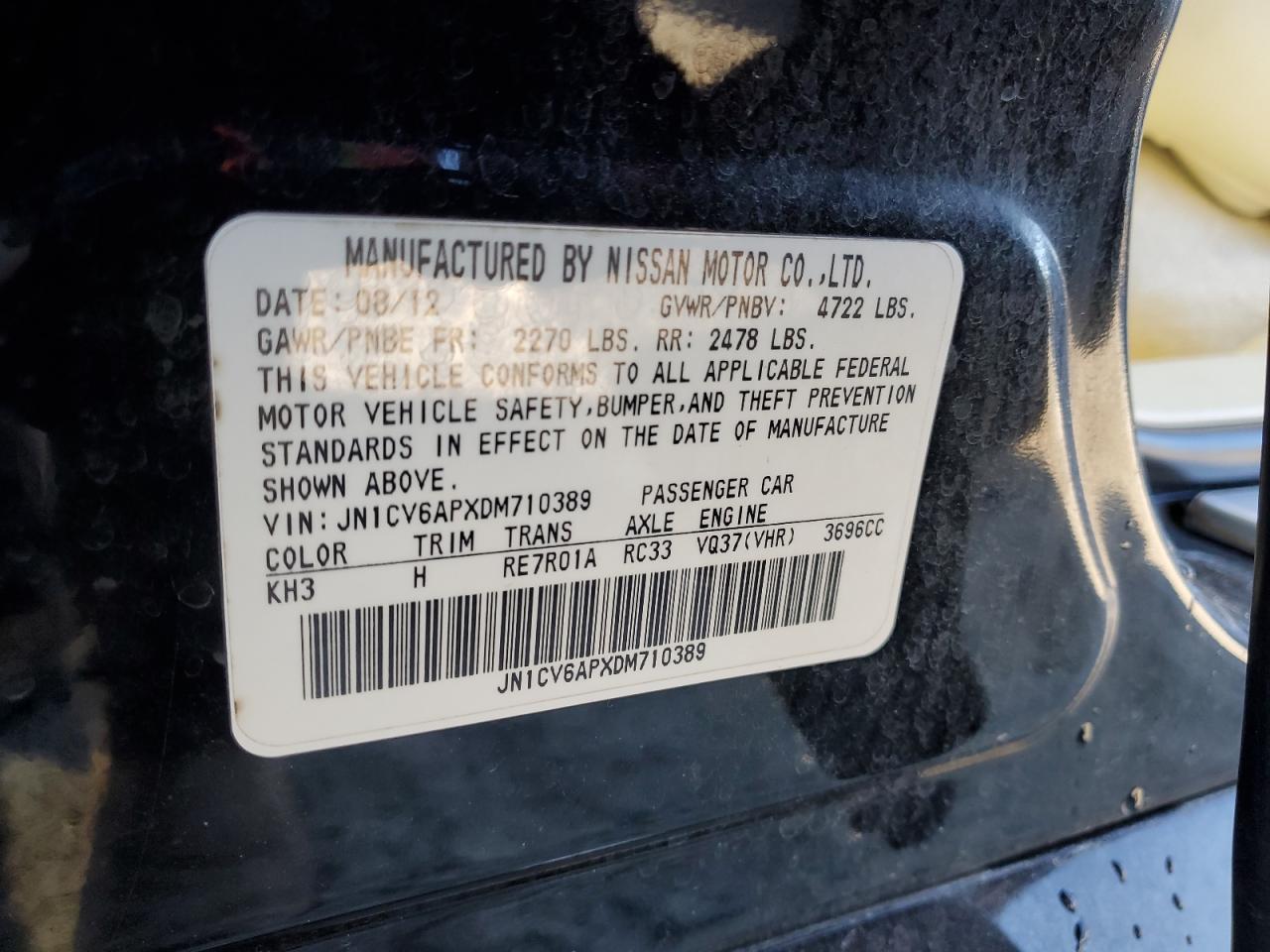 2013 Infiniti G VIN JN1CV6APXDM710389 Copart auction photo, front end damage thumbnail 13