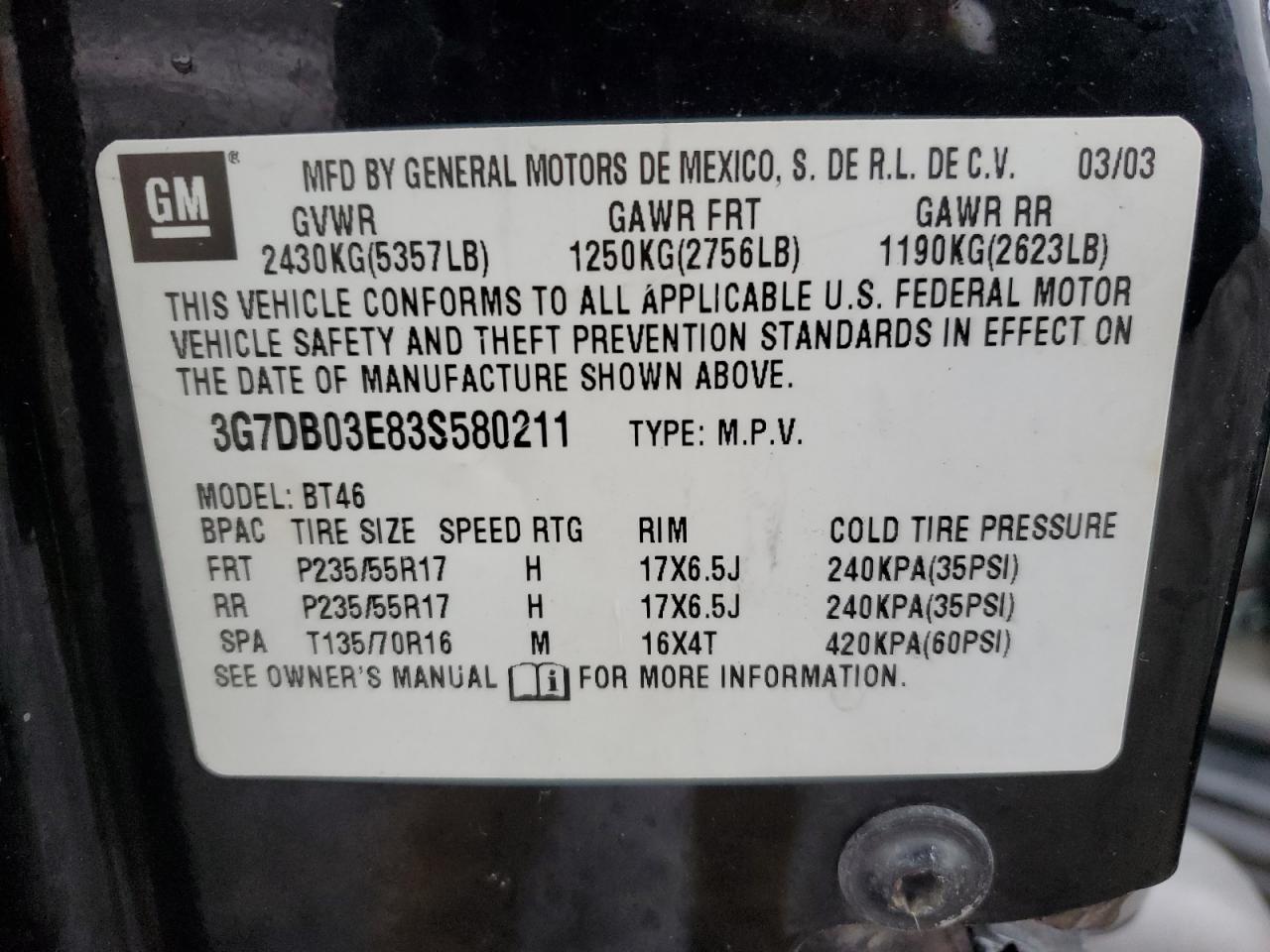 2003 Pontiac Aztek VIN 3G7DB03E83S580211 Copart auction photo, undercarriage damage thumbnail 14