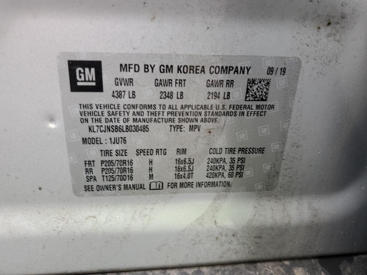 2020 Chevrolet Trax VIN KL7CJNSB6LB030485 Copart auction photo, normal wear / minor dent/scratches damage thumbnail 13