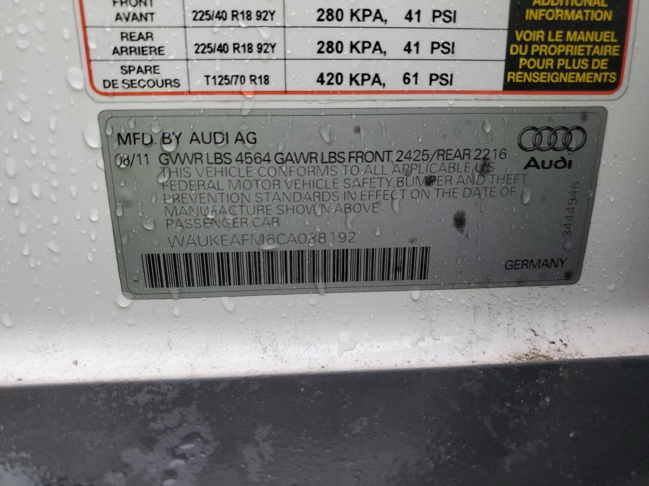 2012 Audi A3 VIN WAUKEAFM6CA038192 Copart auction photo, rear end / front end damage thumbnail 14