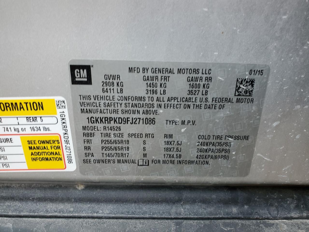 2015 GMC Acadia VIN 1GKKRPKD9FJ271086 Copart auction photo, front end / side damage thumbnail 13