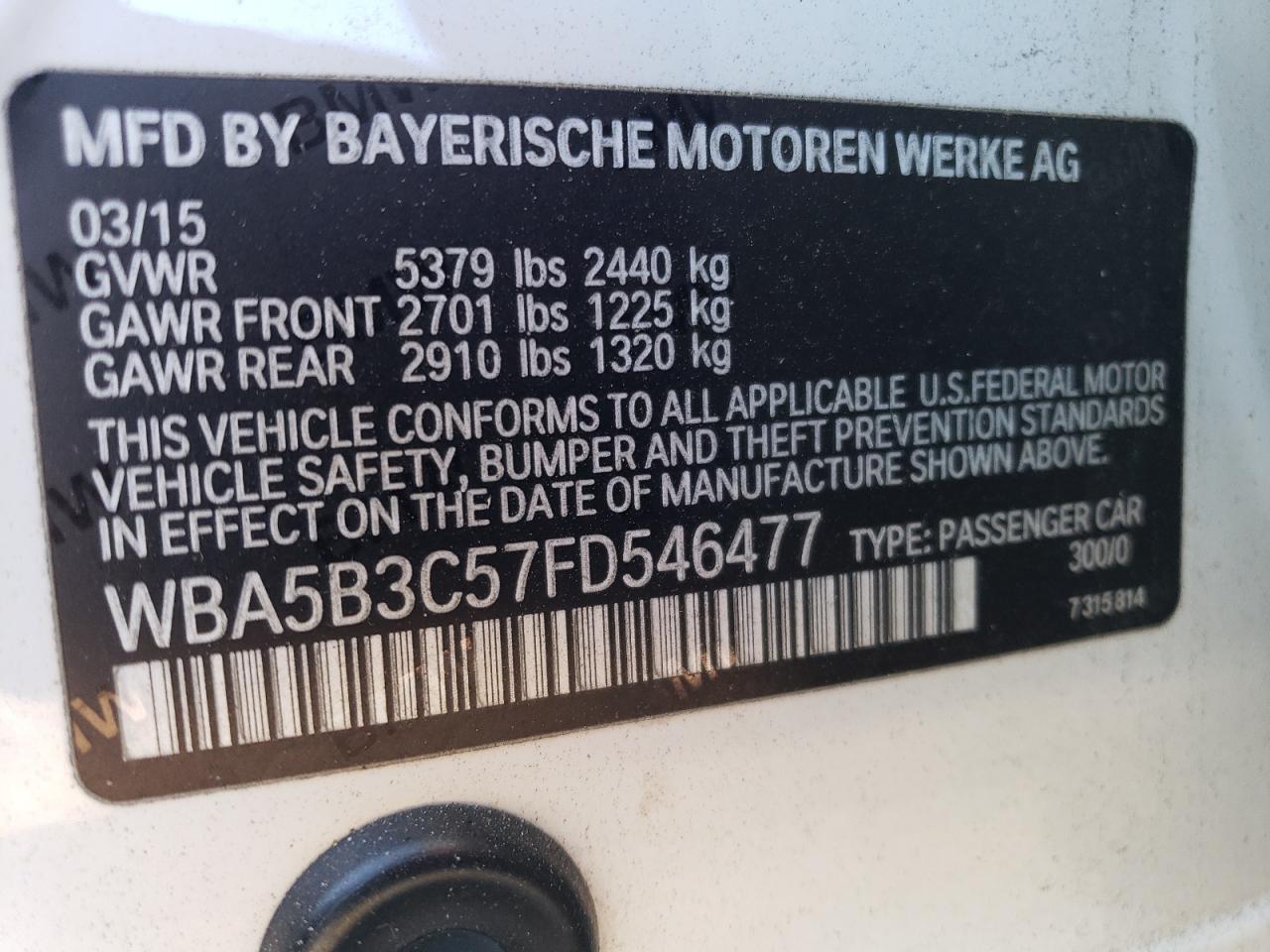 2015 BMW 5er VIN WBA5B3C57FD546477 Copart auction photo, rear end / front end damage thumbnail 14